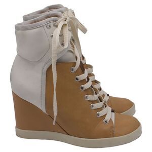 See by Chloé High-Top Wedge Sneakers in Brown and White Leather